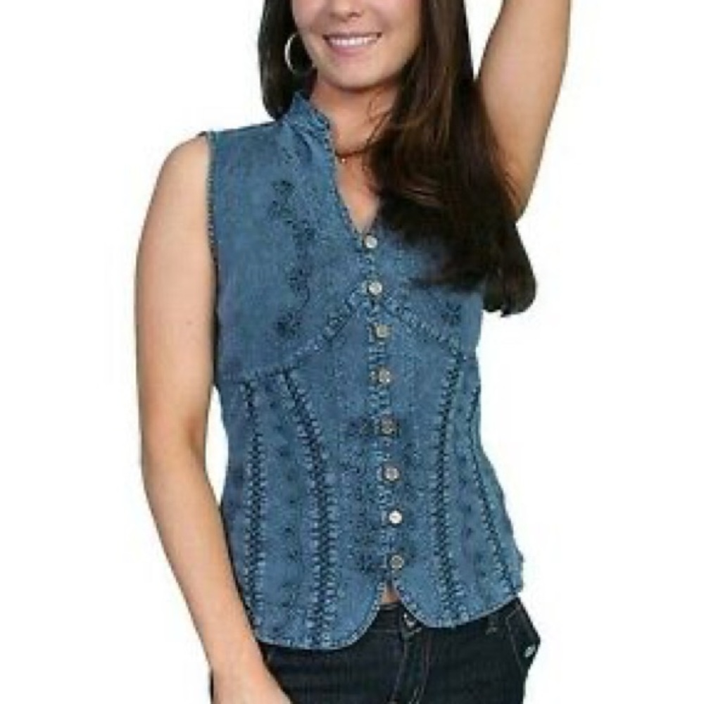 Scully  Brand-Blue Denim Sleeveless Button Front Top